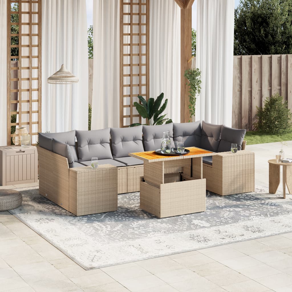 8 Pcs conjunto de sofás p/ jardim com almofadões vime PE bege
