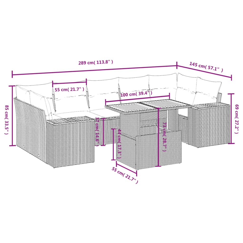 8 Pcs conjunto de sofás p/ jardim com almofadões vime PE bege