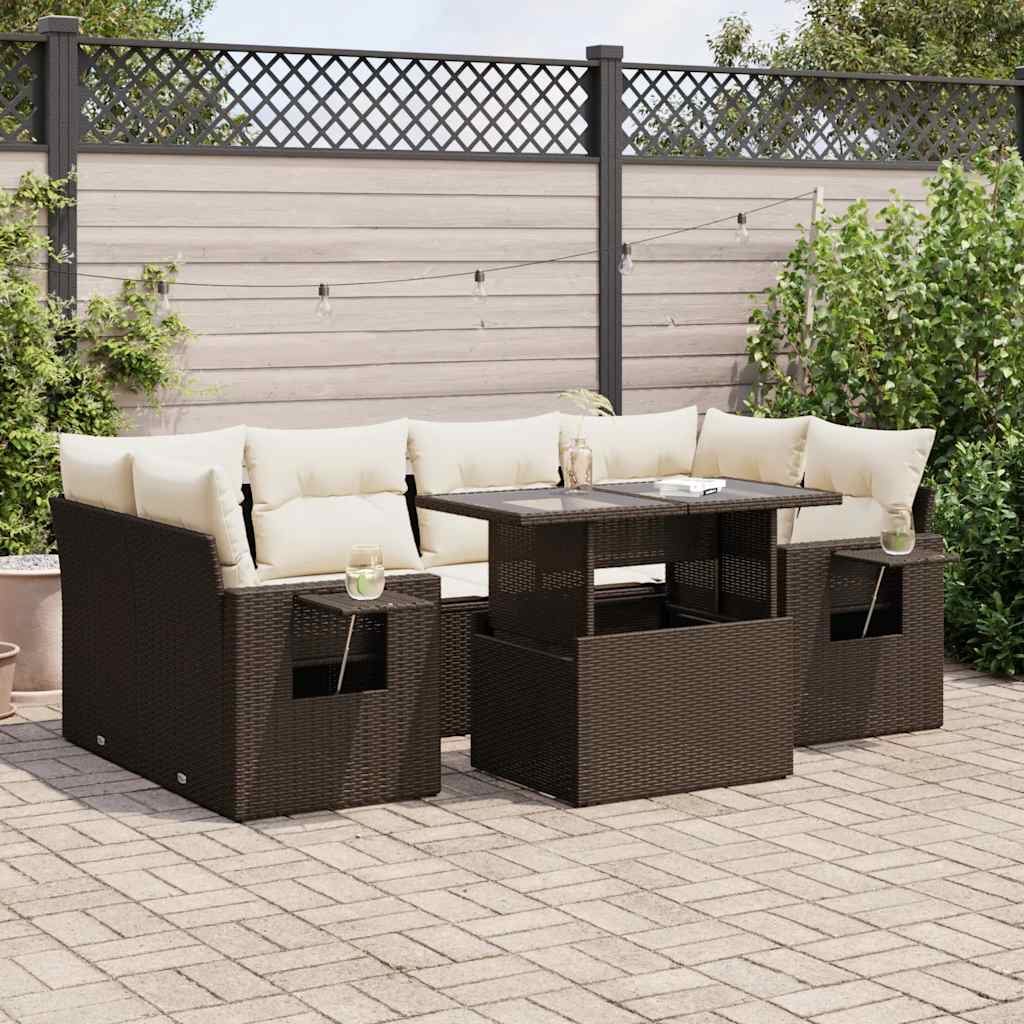 7 Pcs conjunto de sofás jardim c/ almofadões vime PE castanho