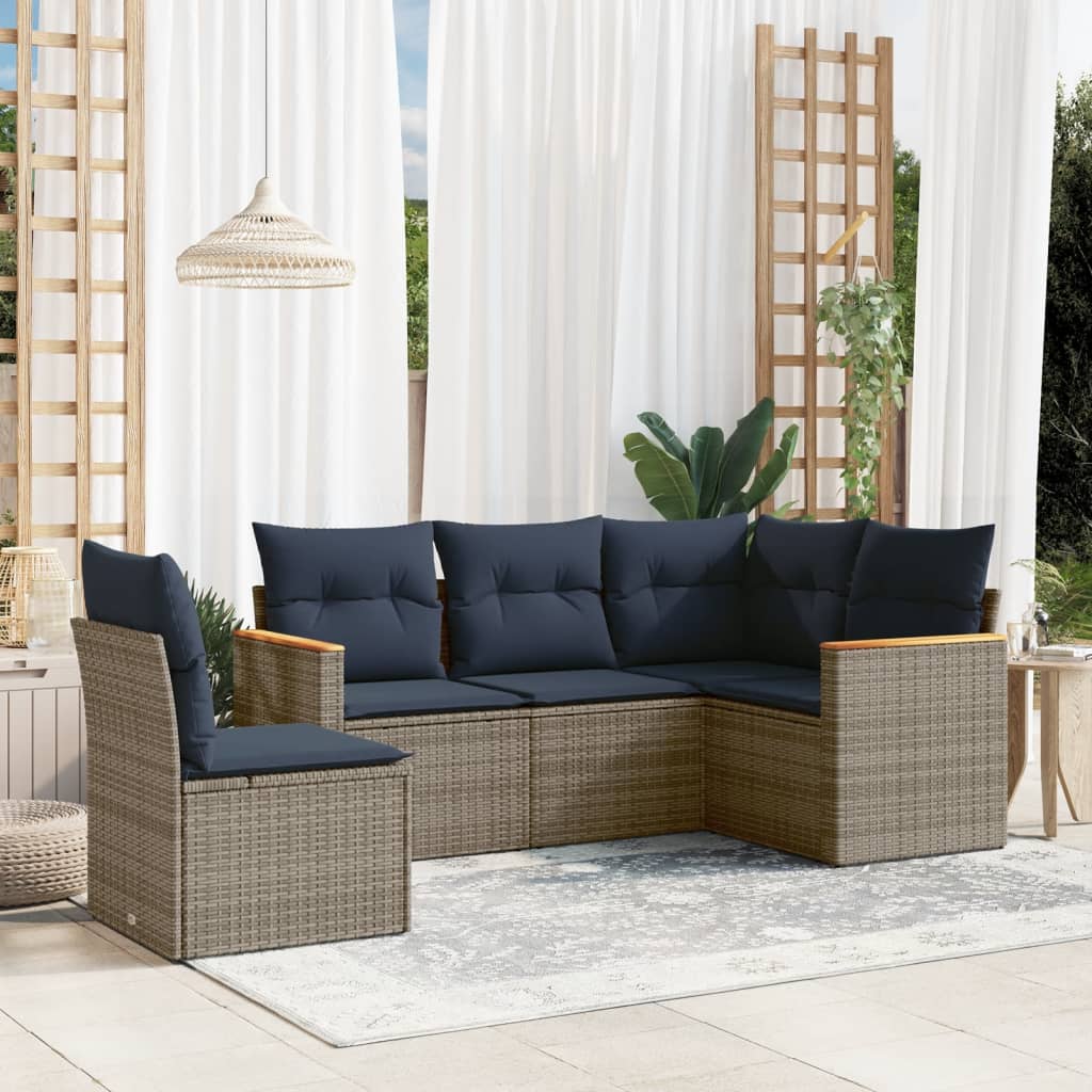 Conjunto de sofá de jardim de 5 peças com almofadas em rattan sintético cinza