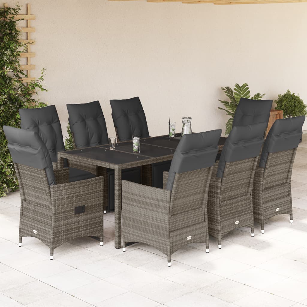 9 Pcs conjunto bistrô de jardim c/ almofadões vime PE cinzento