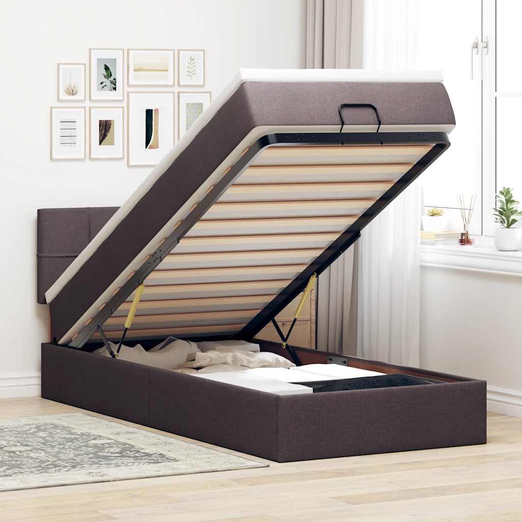 Estrutura cama otomana colchão 90x190 cm tecido castanho escuro