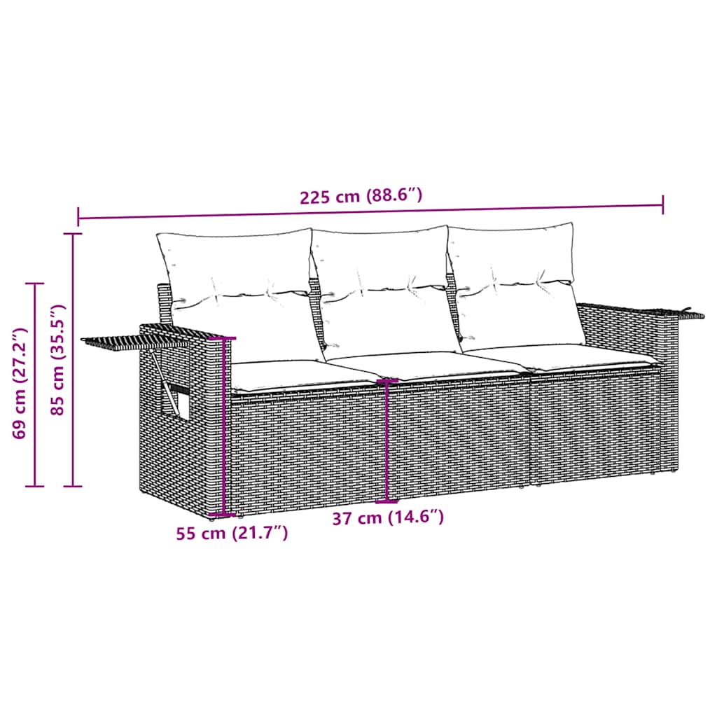 3 Pcs conjunto sofás de jardim com almofadões vime PE castanho