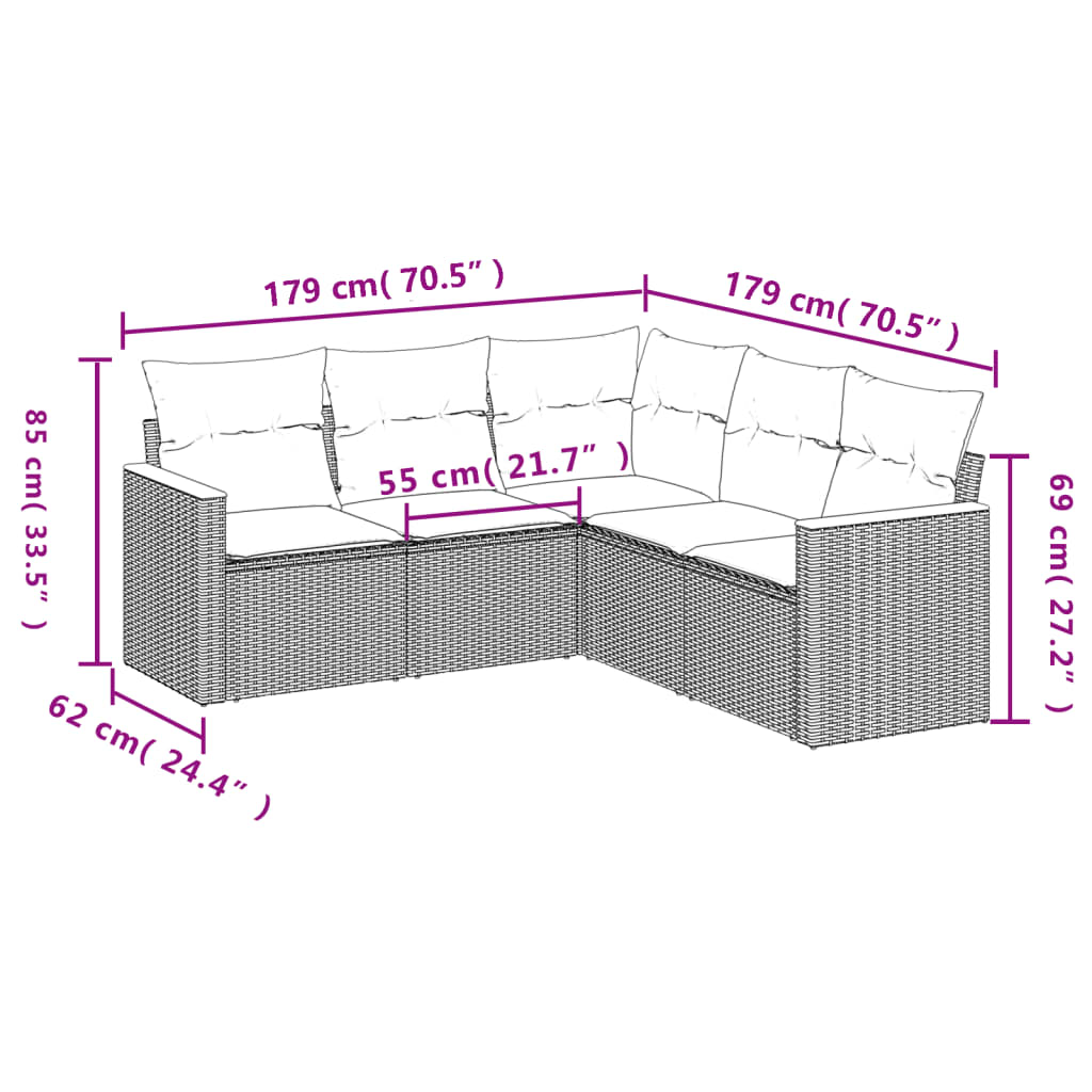 5 Pcs conjunto sofás de jardim com almofadões vime PE preto