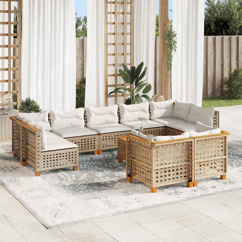10 Pcs conjunto de sofás p/ jardim com almofadões vime PE bege