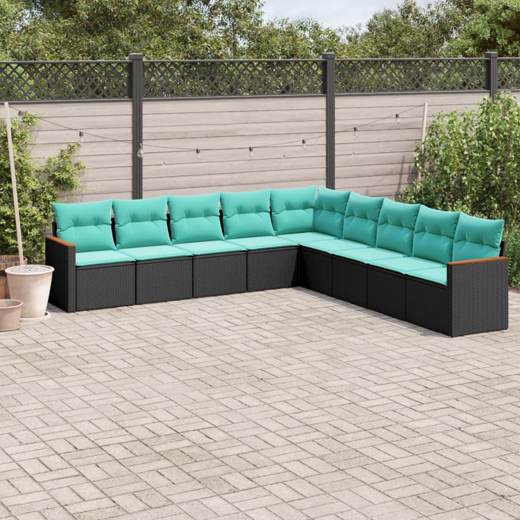 Conjunto de sofá de jardim de 9 peças com almofadas em rattan sintético preto