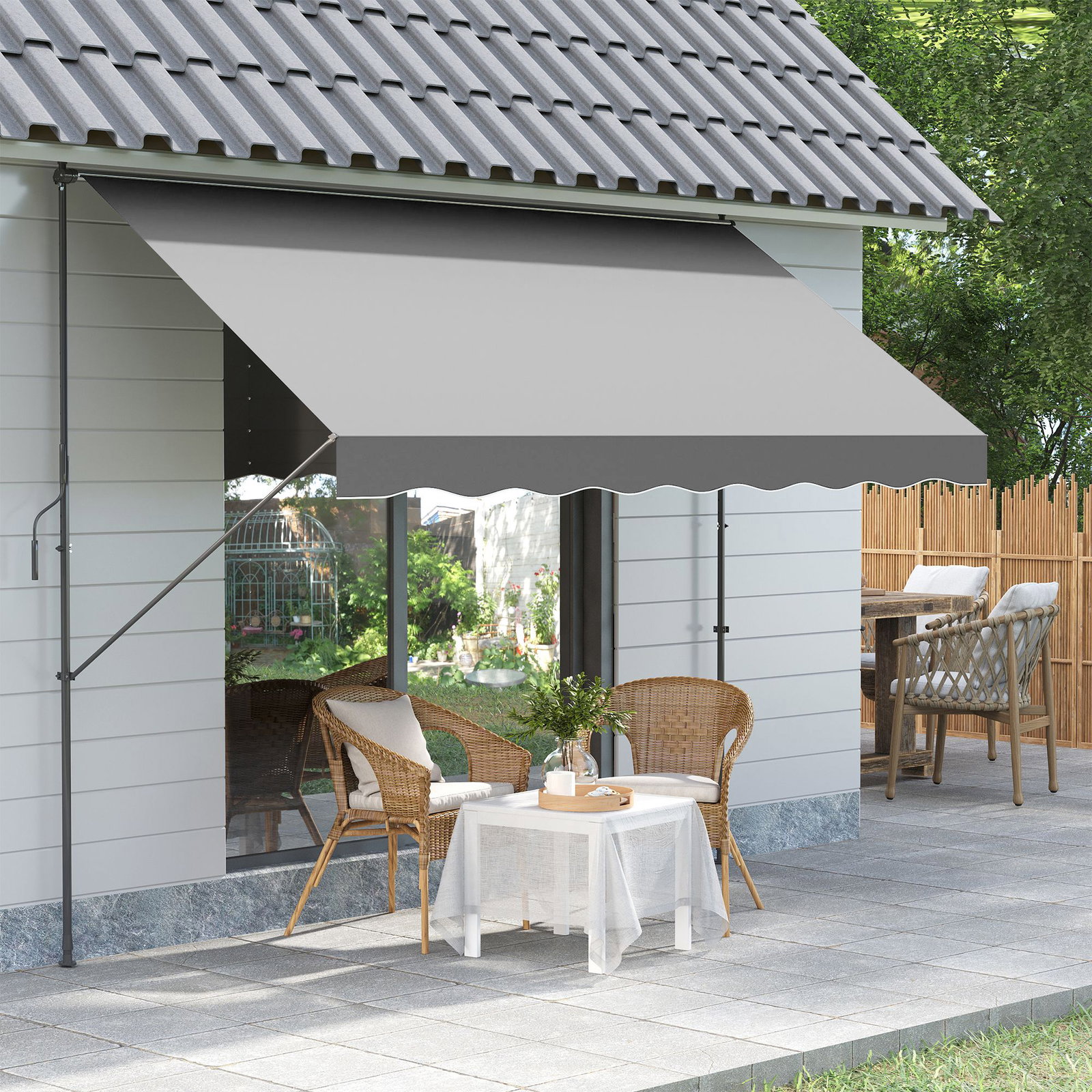 Toldo manual retrátil ajustável 300x170x200-290 cm com manivela proteção solar uv40+ para varanda jardim cinza