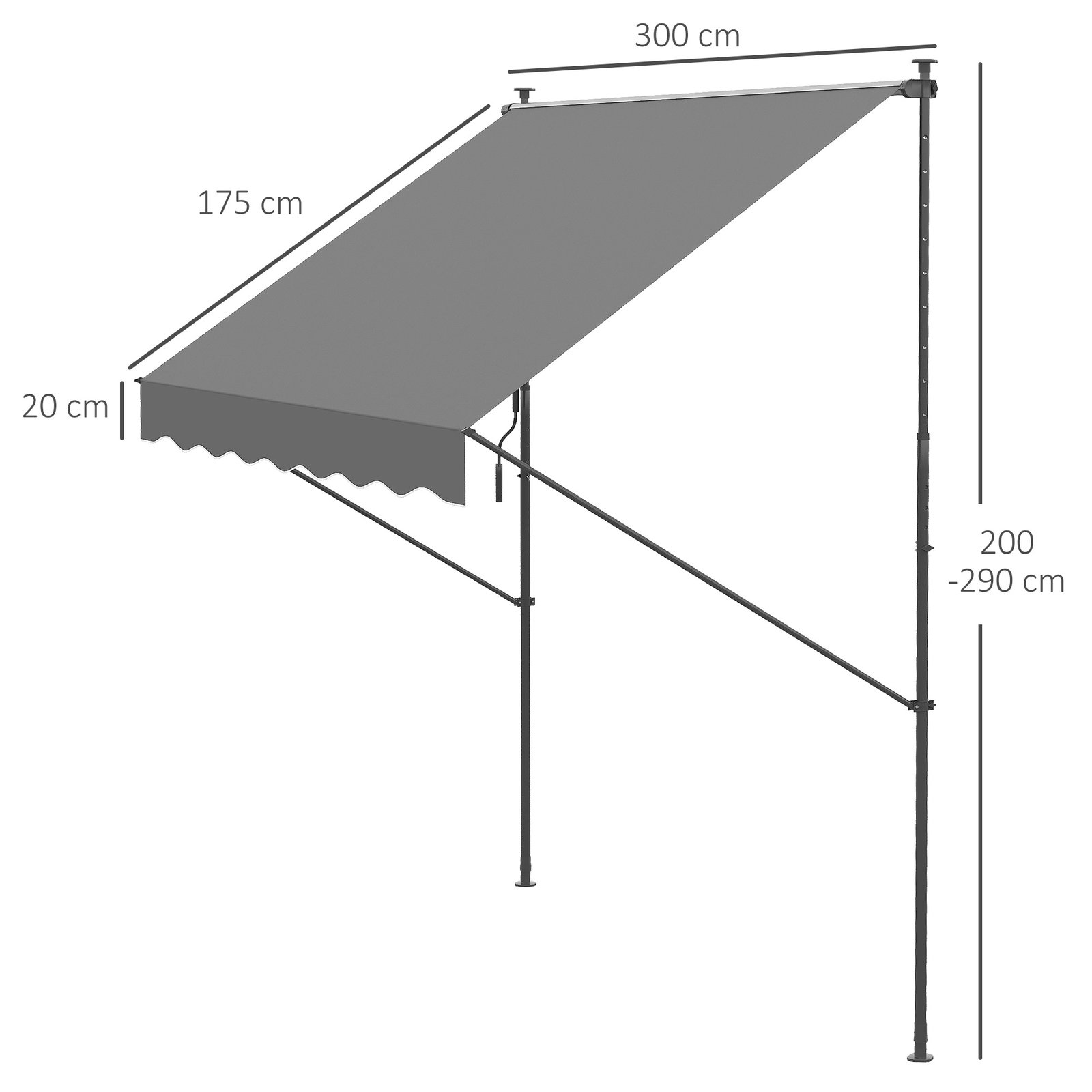 Toldo manual retrátil ajustável 300x170x200-290 cm com manivela proteção solar uv40+ para varanda jardim cinza