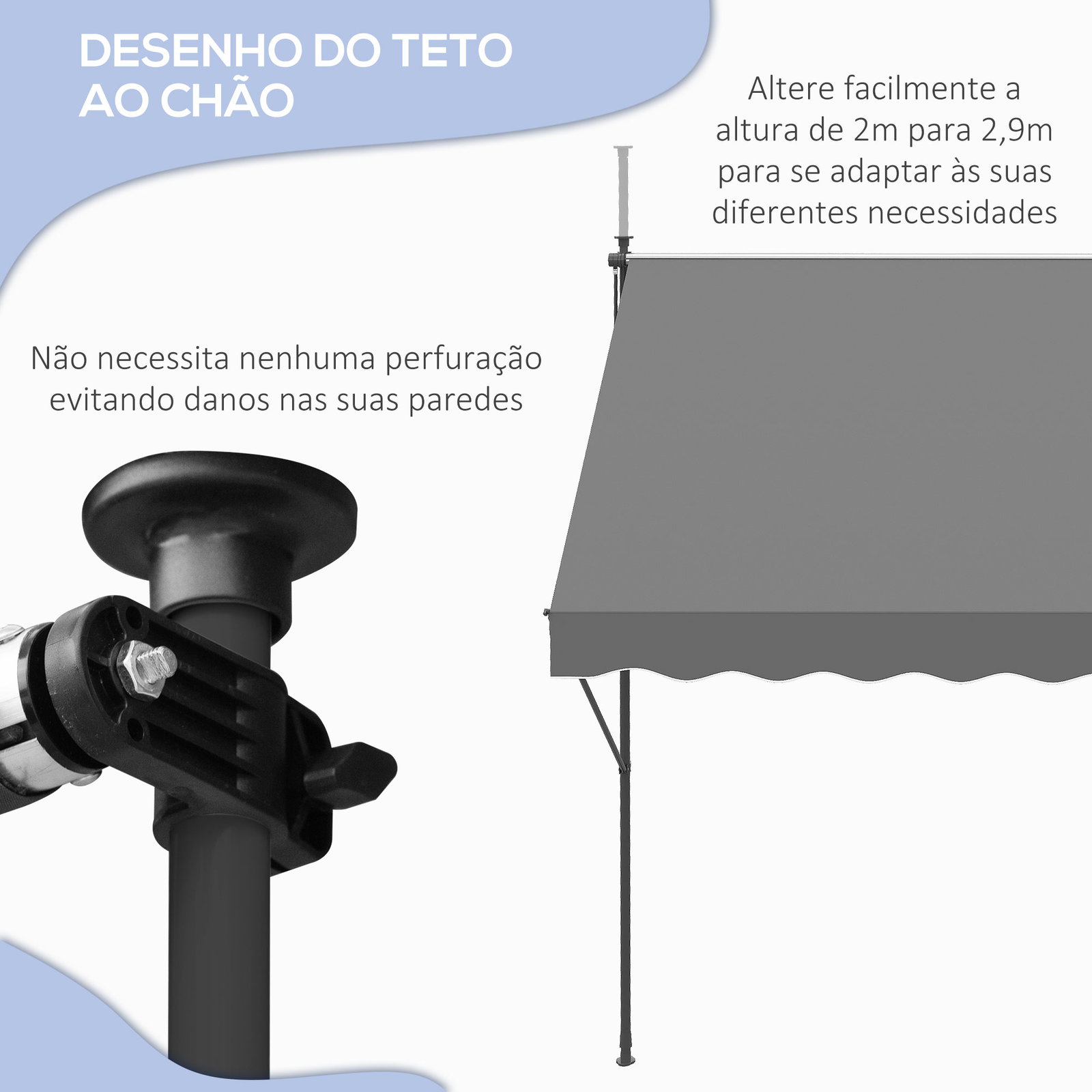Toldo manual retrátil ajustável 300x170x200-290 cm com manivela proteção solar uv40+ para varanda jardim cinza