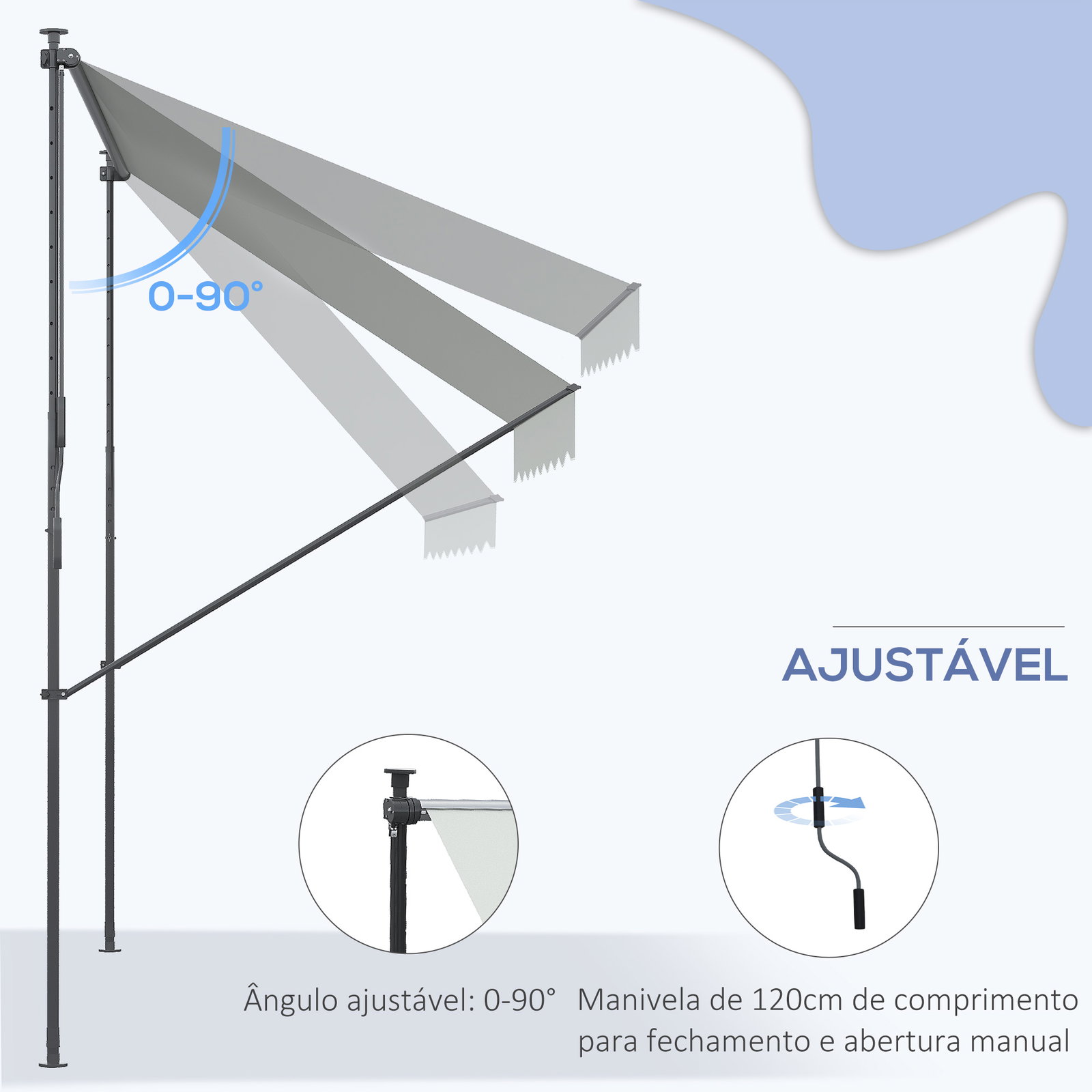 Toldo manual retrátil ajustável 300x170x200-290 cm com manivela proteção solar uv40+ para varanda jardim cinza