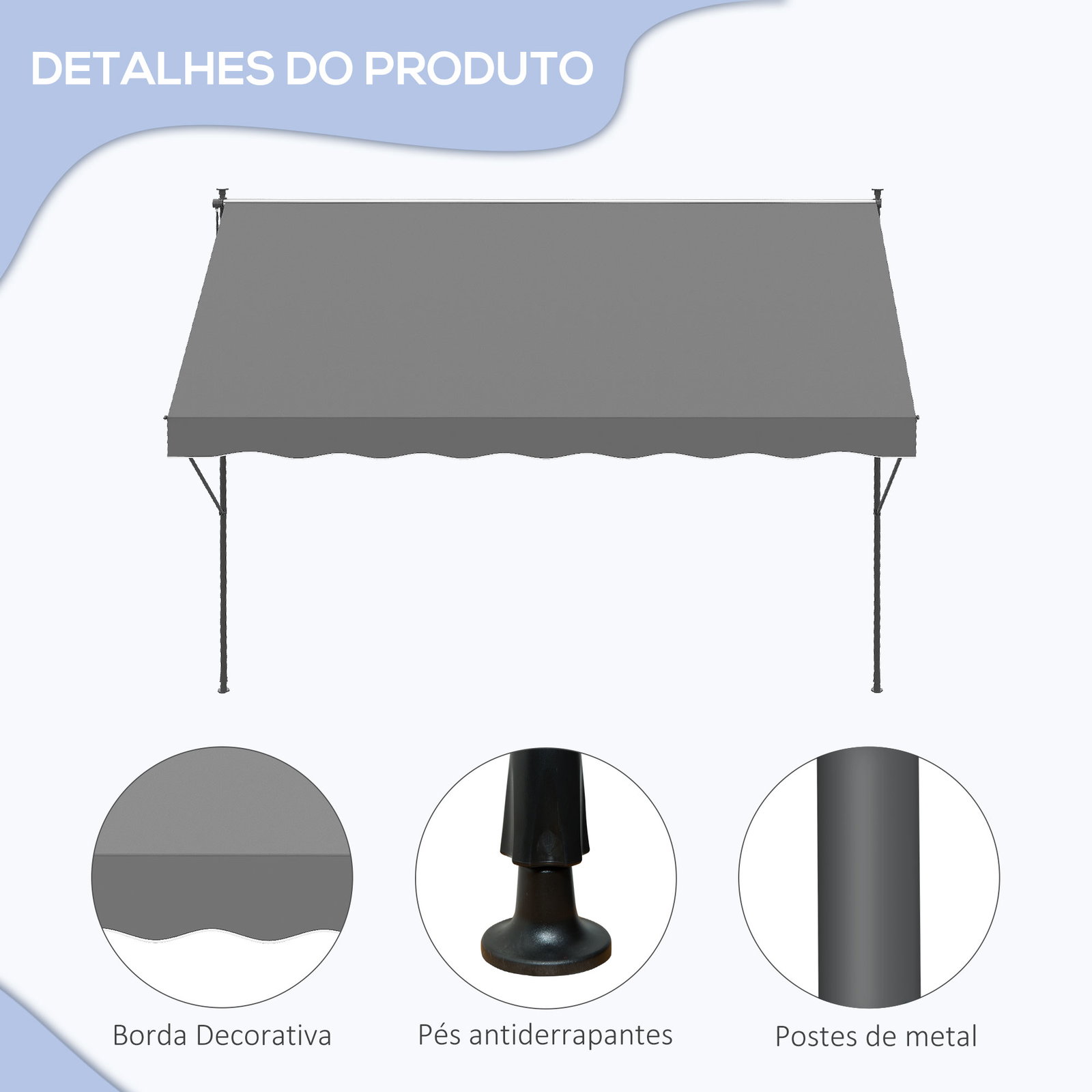 Toldo manual retrátil ajustável 300x170x200-290 cm com manivela proteção solar uv40+ para varanda jardim cinza