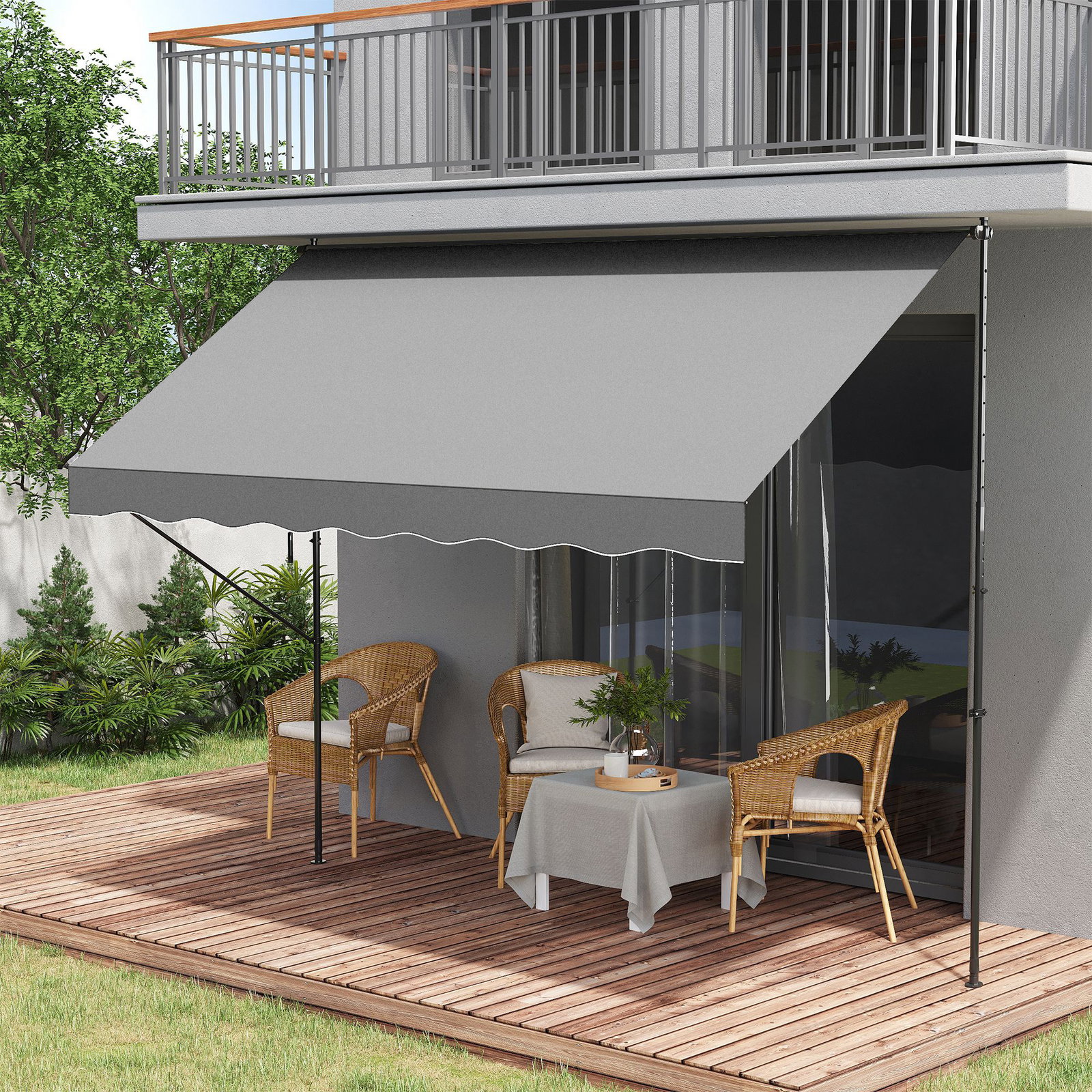 Toldo manual retrátil ajustável 300x170x200-290 cm com manivela proteção solar uv40+ para varanda jardim cinza