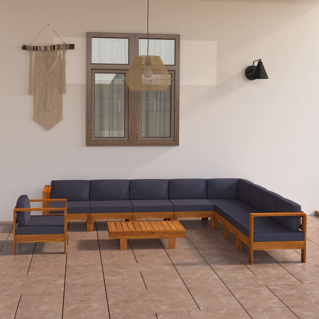 10 Pcs conj. lounge de jardim c/ almofadões cinza-escuro acácia