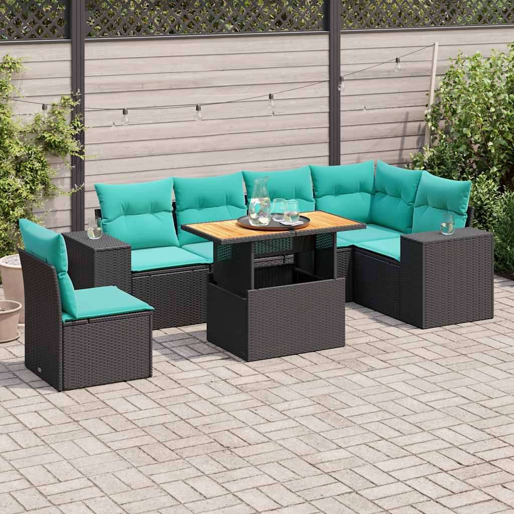 7 Pcs conjunto de sofás p/ jardim c/ almofadões vime PE preto
