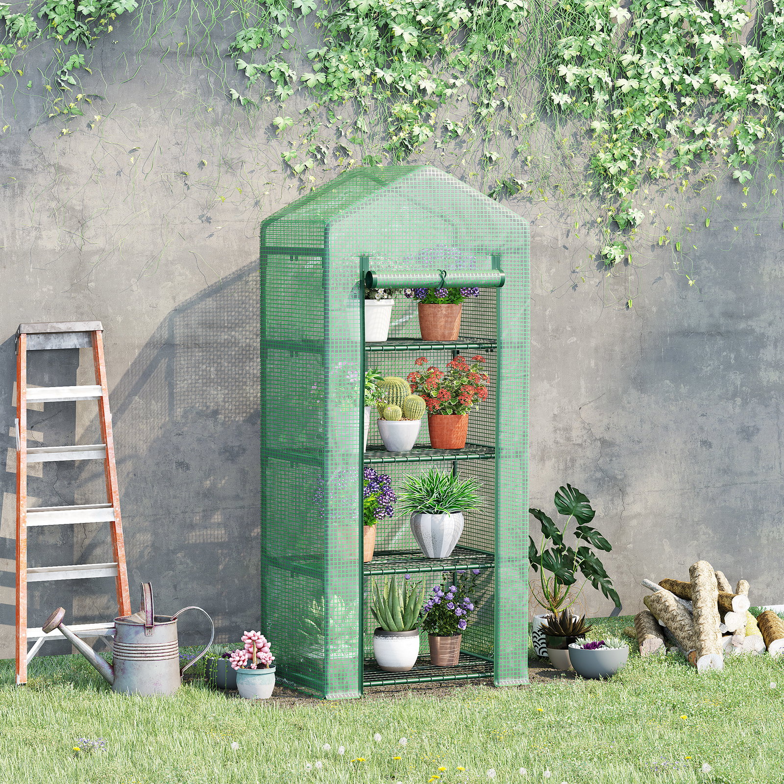 Estufa de Jardim com 4 Prateleiras e Cobertura de PE Estufa de Aço para Cultivo de Plantas Flores 70x50x160cm Verde