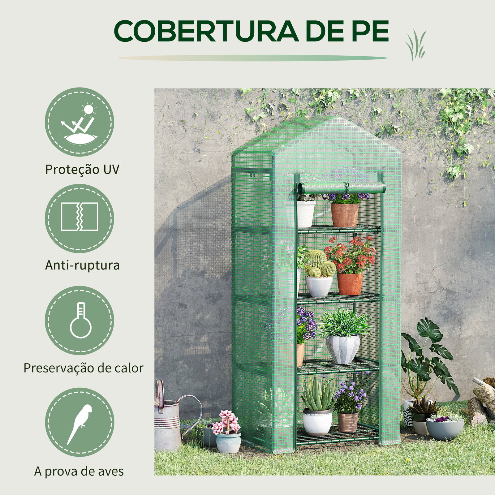 Estufa de Jardim com 4 Prateleiras e Cobertura de PE Estufa de Aço para Cultivo de Plantas Flores 70x50x160cm Verde