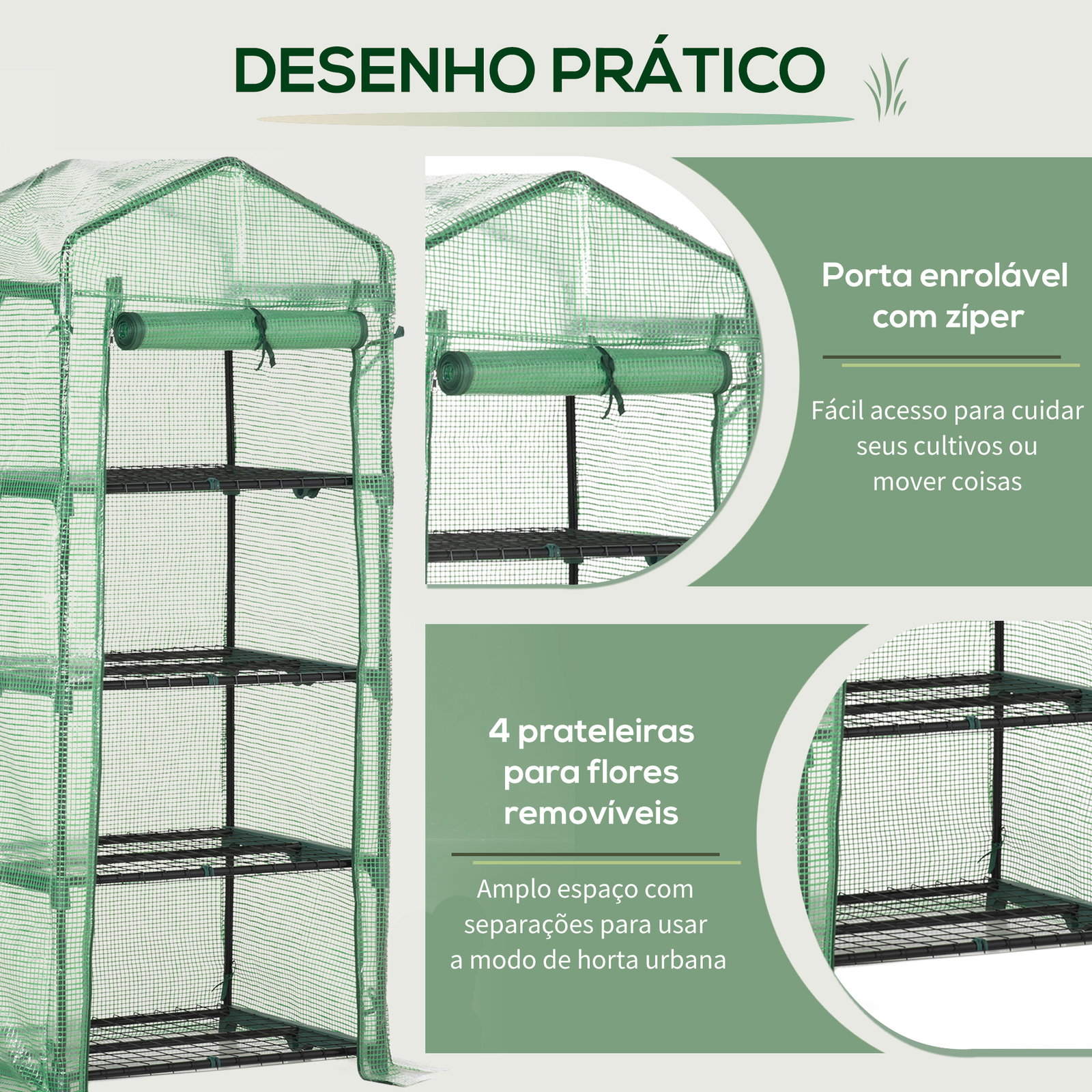 Estufa de Jardim com 4 Prateleiras e Cobertura de PE Estufa de Aço para Cultivo de Plantas Flores 70x50x160cm Verde
