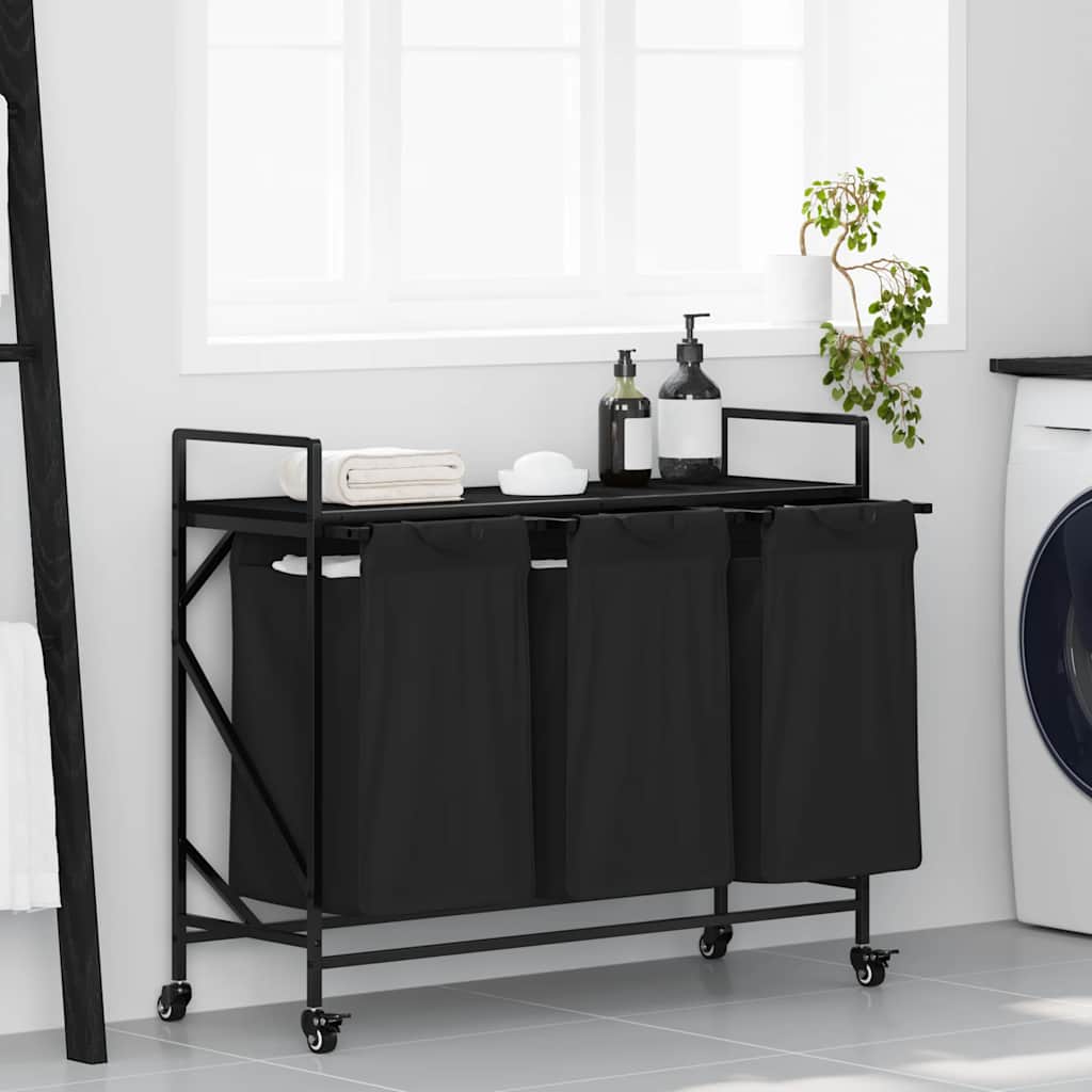 Cesto de roupa suja com 3 compartimentos e rodas, cor carvalho preto