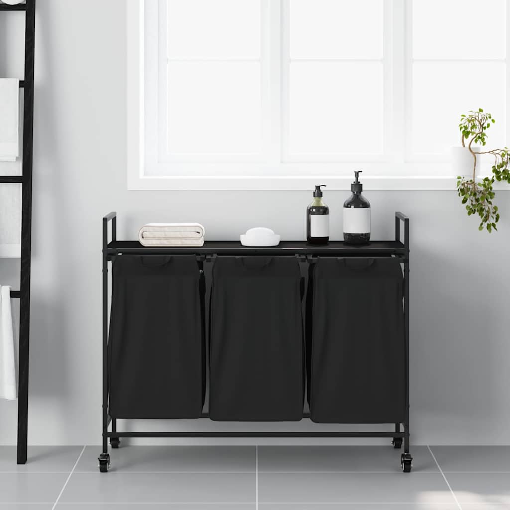 Cesto de roupa suja com 3 compartimentos e rodas, cor carvalho preto