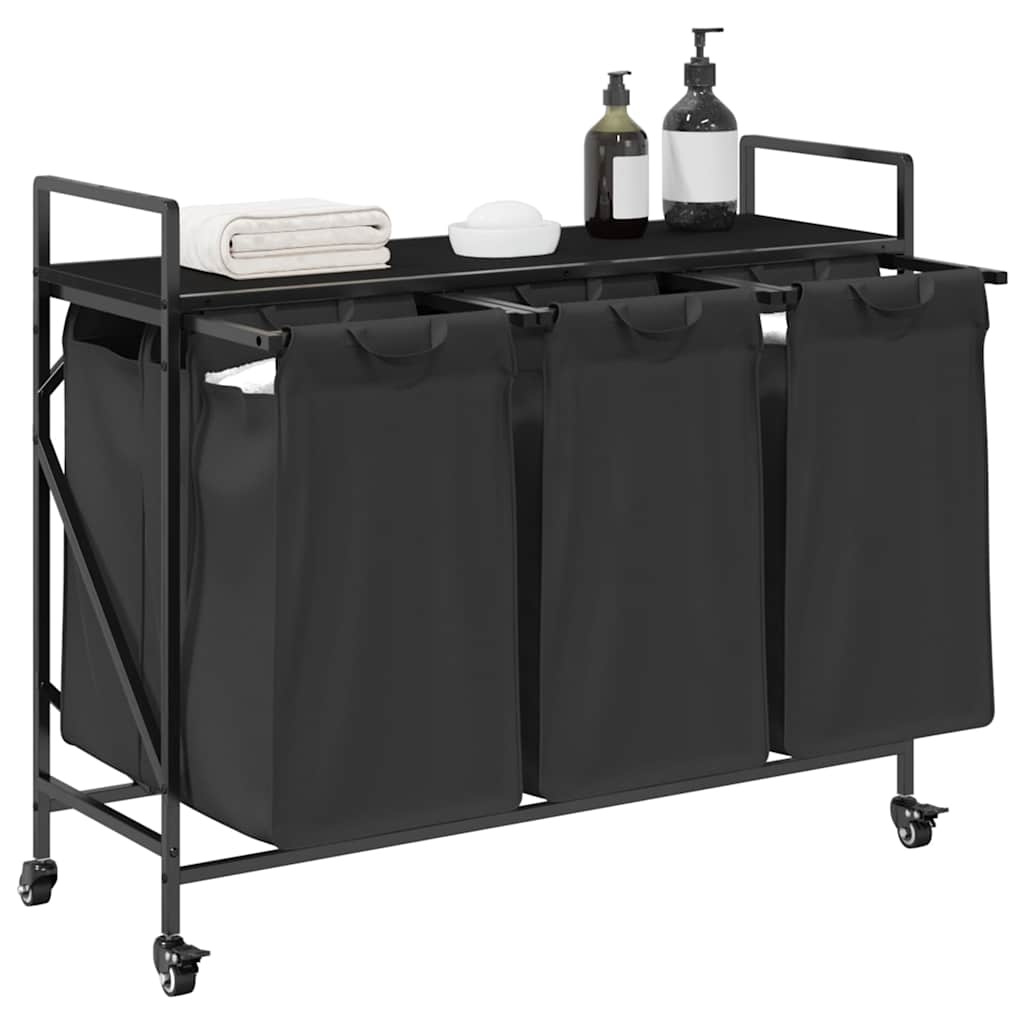 Cesto de roupa suja com 3 compartimentos e rodas, cor carvalho preto