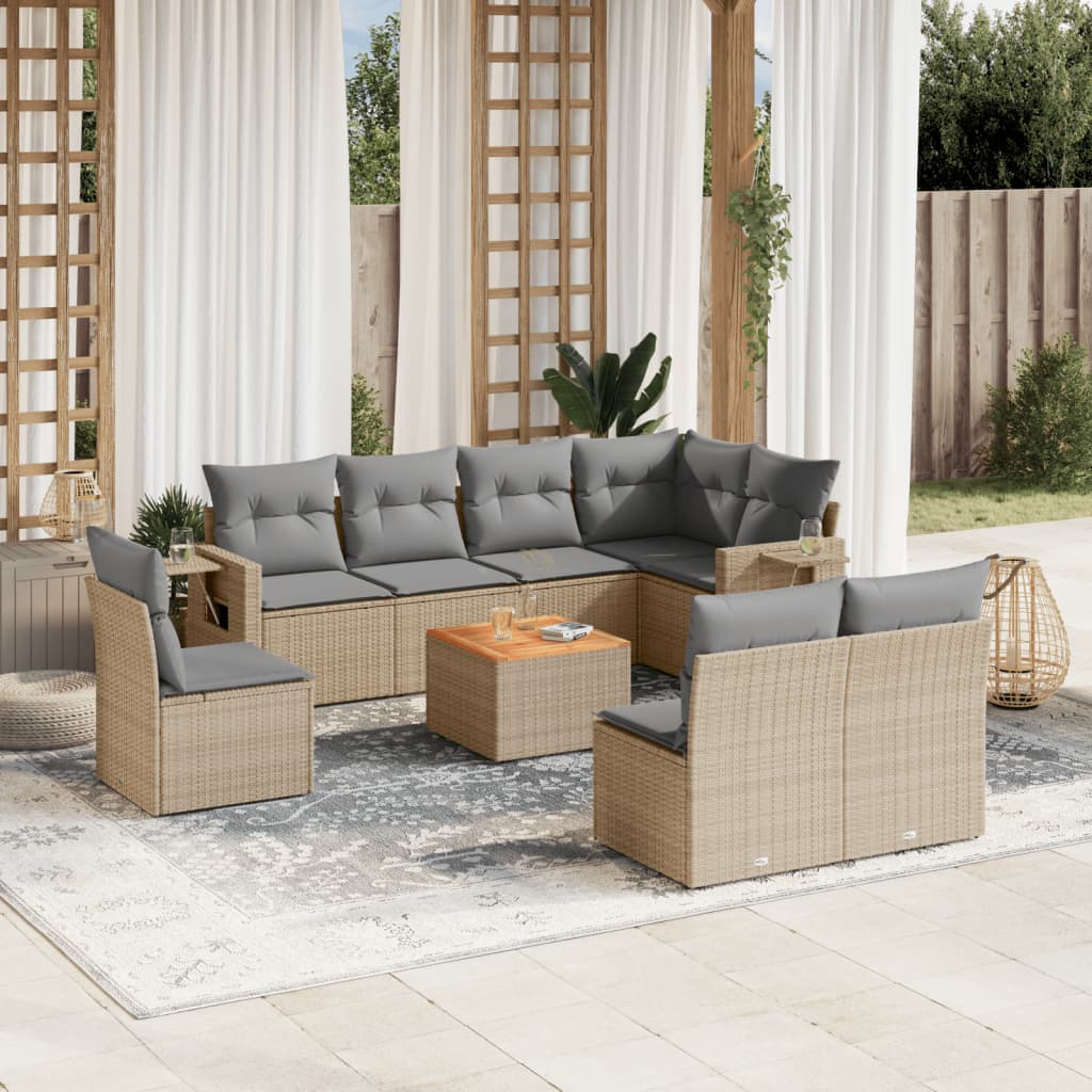 9 Pcs conjunto de sofás p/ jardim com almofadões vime PE bege