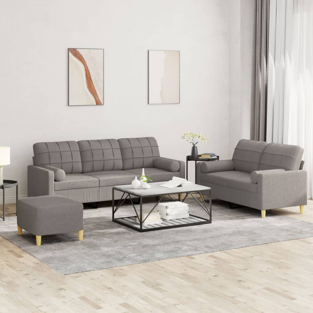 3 Pcs conjunto de sofás com almofadas tecido cinza-acastanhado