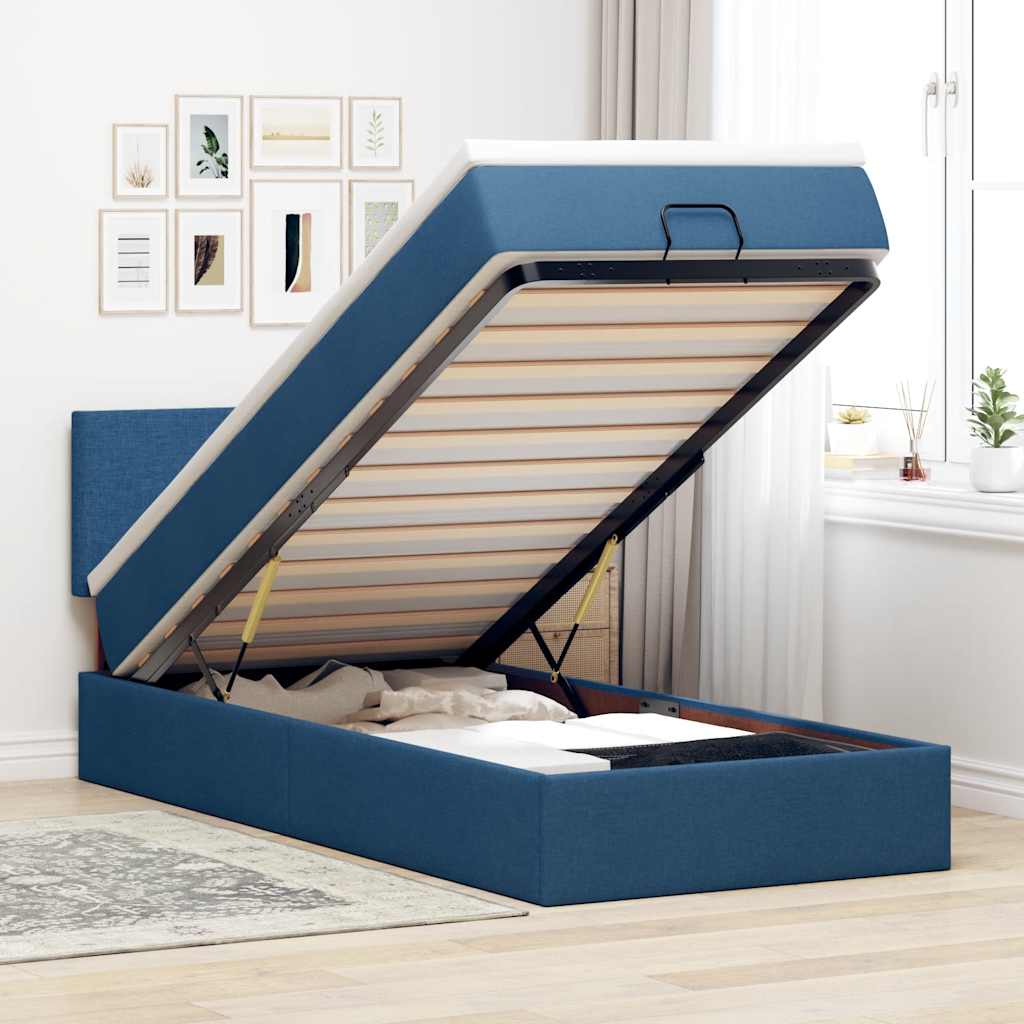 Estrutura de cama otomana com colchão tecido azul 90x190cm