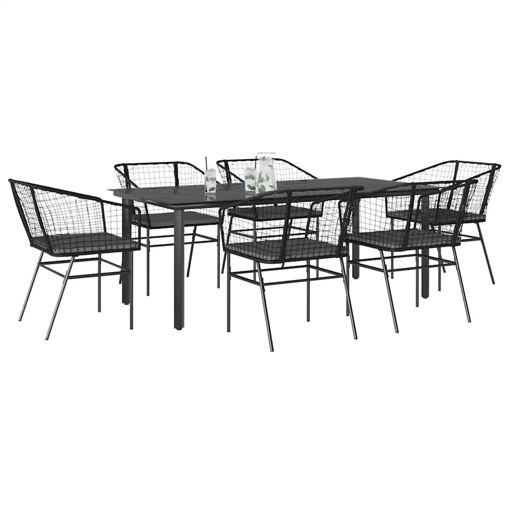 Conjunto de jantar jardim 7 peças almofadas vidro vime PE preto