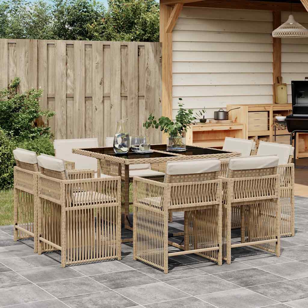 9 Pcs conjunto de jantar p/ jardim com almofadões vime PE bege