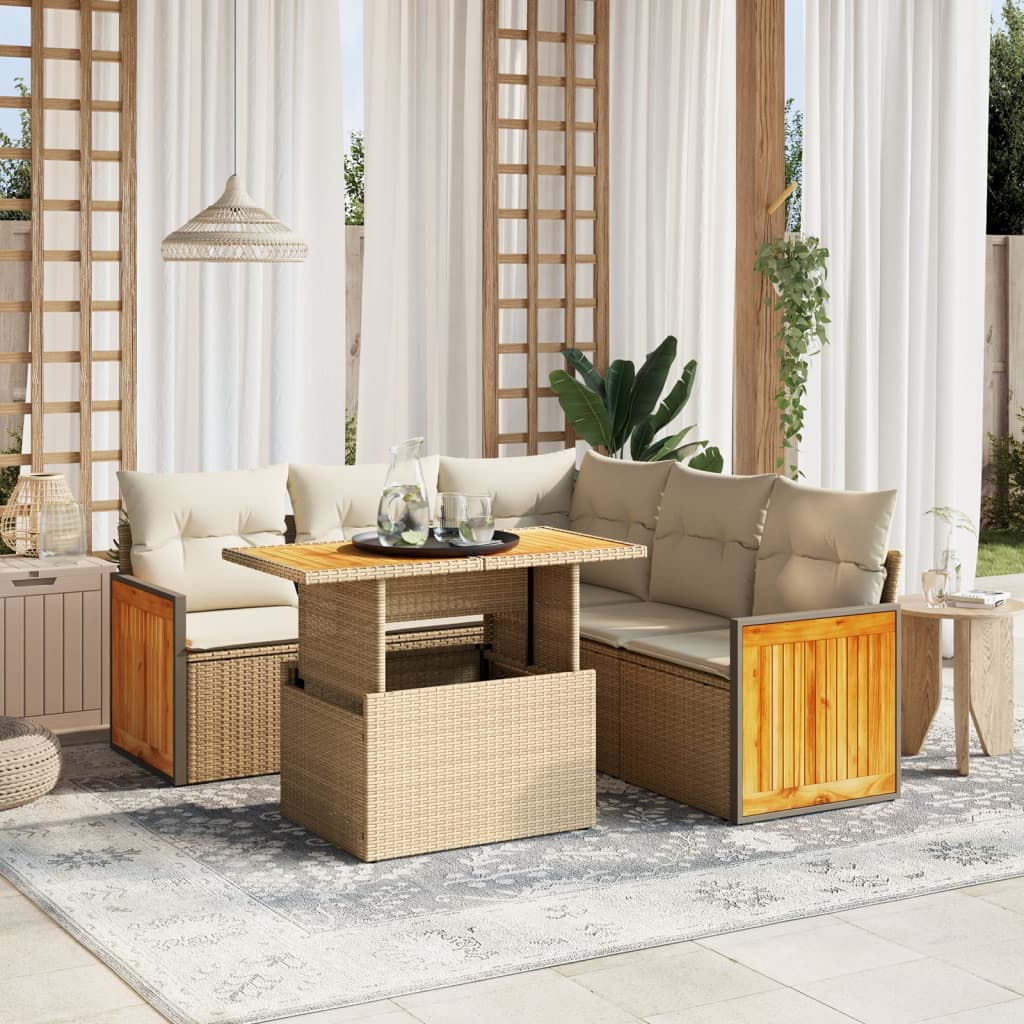 6 Pcs conjunto de sofás p/ jardim com almofadões vime PE bege
