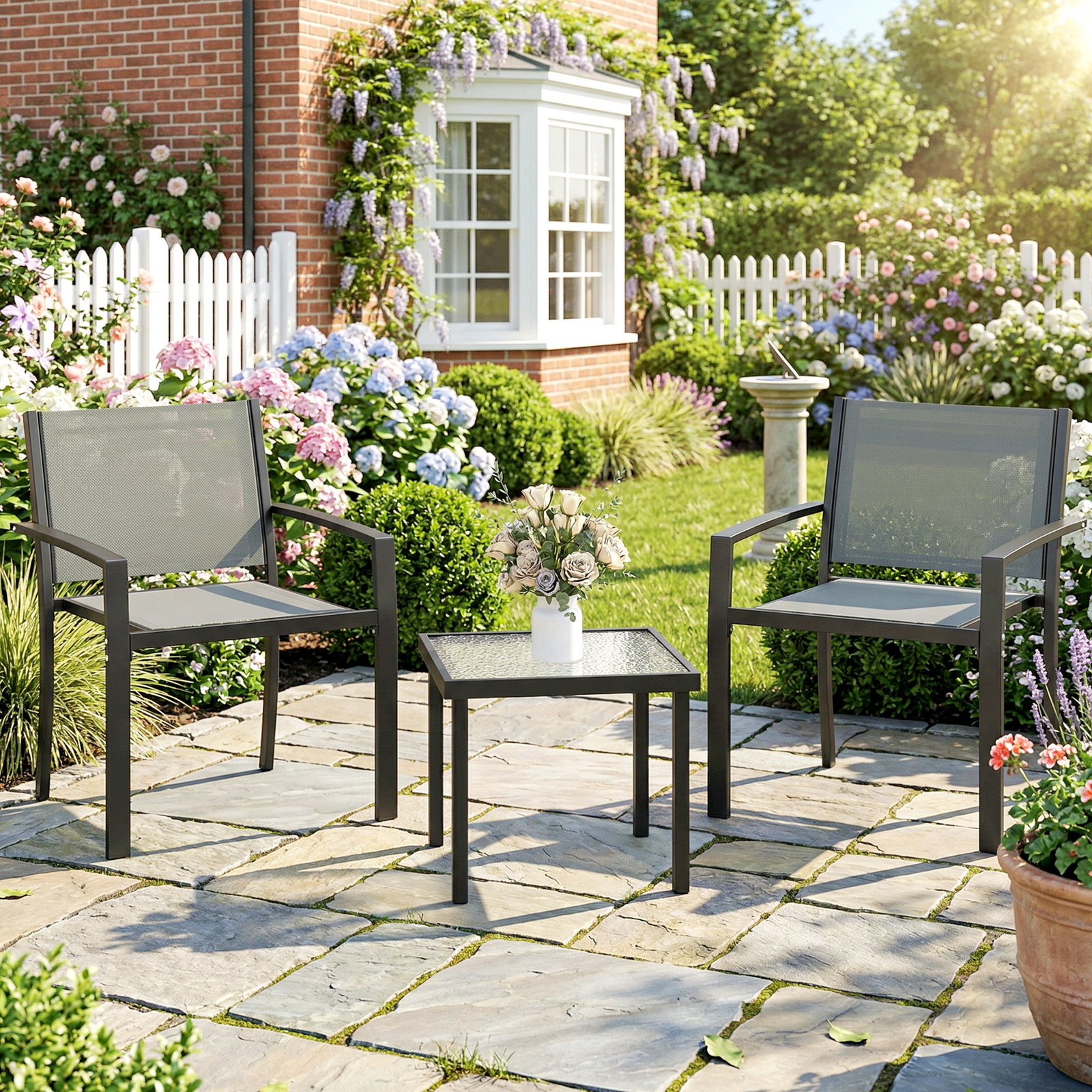 Conjunto de mesa e cadeiras com 3 peças conjunto de jardim 2 cadeiras de textilene e mesa de vidro cinzento claro