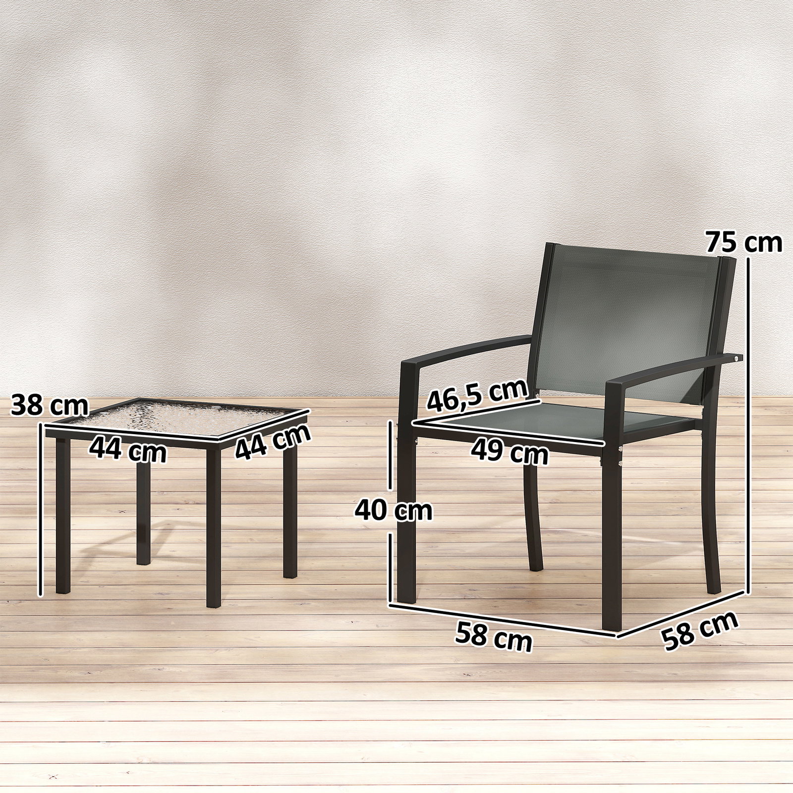 Conjunto de mesa e cadeiras com 3 peças conjunto de jardim 2 cadeiras de textilene e mesa de vidro cinzento claro