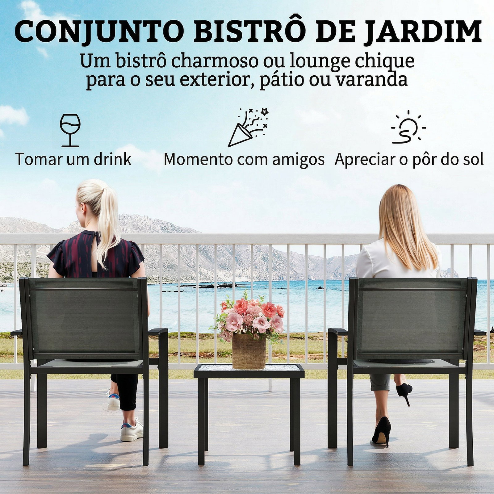 Conjunto de mesa e cadeiras com 3 peças conjunto de jardim 2 cadeiras de textilene e mesa de vidro cinzento claro