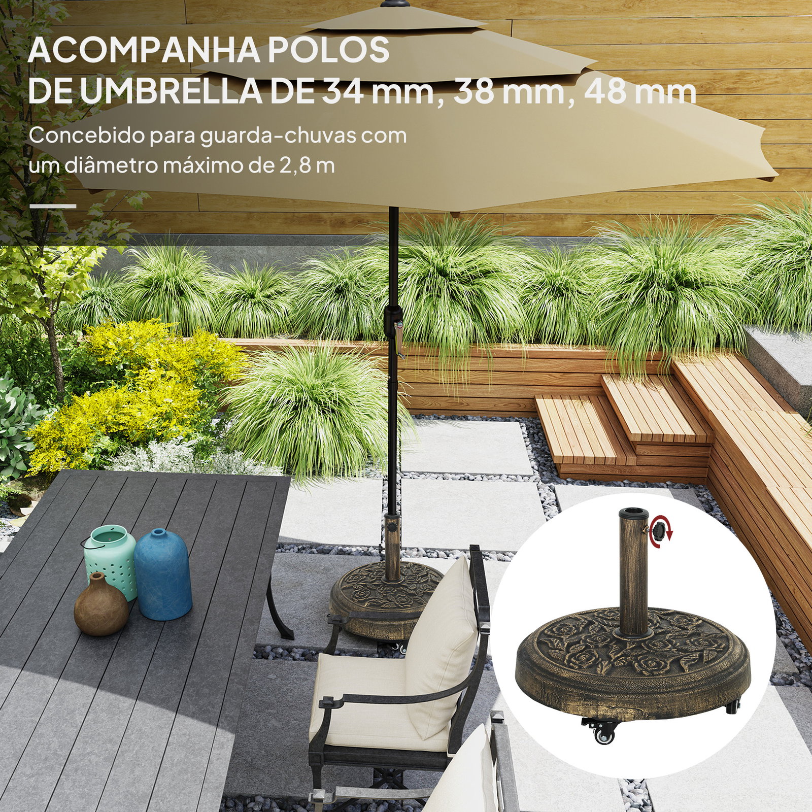 Base para chapéu de sol redonda suporte para chapéu de sol com rodas 21 kg ø49x42 cm bronze