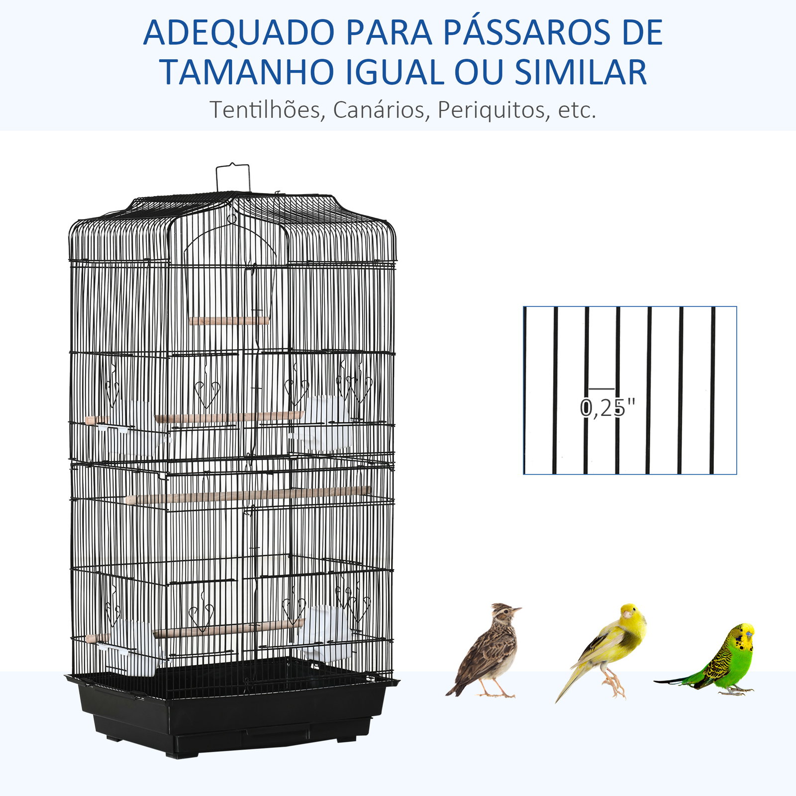 Gaiola para Passáros Gaiola de Metal com Portas 4 Comedouros 3 Poleiros Baloiço Bandeja Removível e Alça de Transporte para Papa