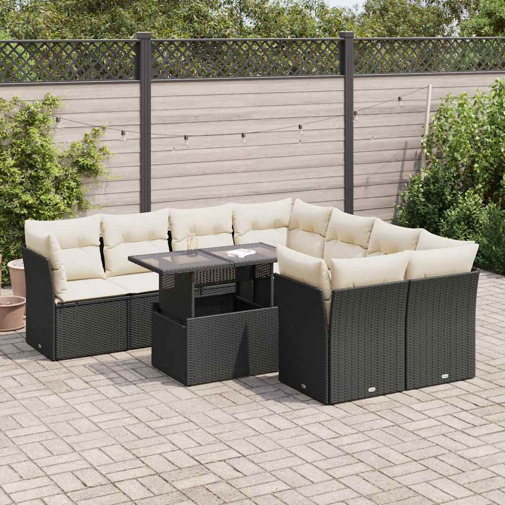 9 Pcs conjunto de sofás p/ jardim c/ almofadões vime PE preto