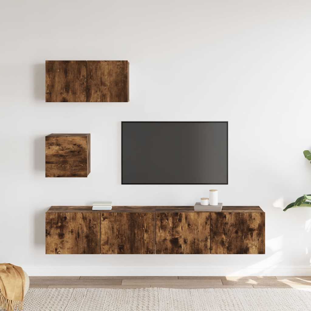 Conjunto móveis de TV 4 pcs madeira processada carvalho fumado