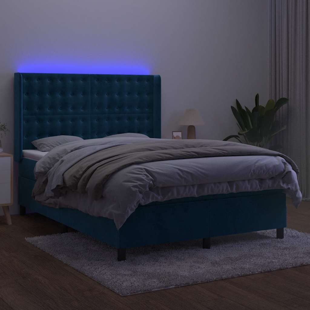 Cama box spring c/ colchão/LED 140x200 cm veludo azul-escuro