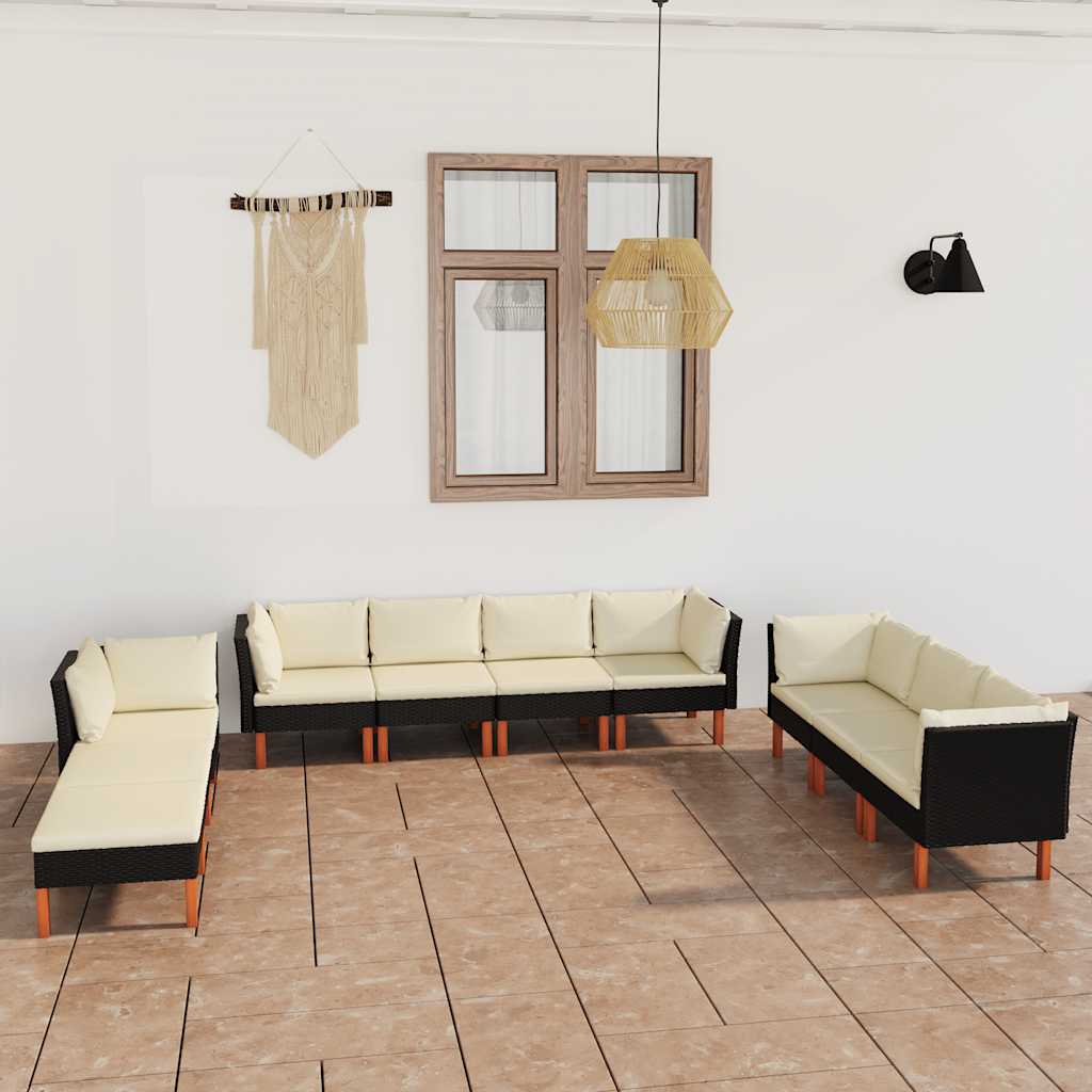 10 Pcs conjunto lounge de jardim c/ almofadões vime PE preto