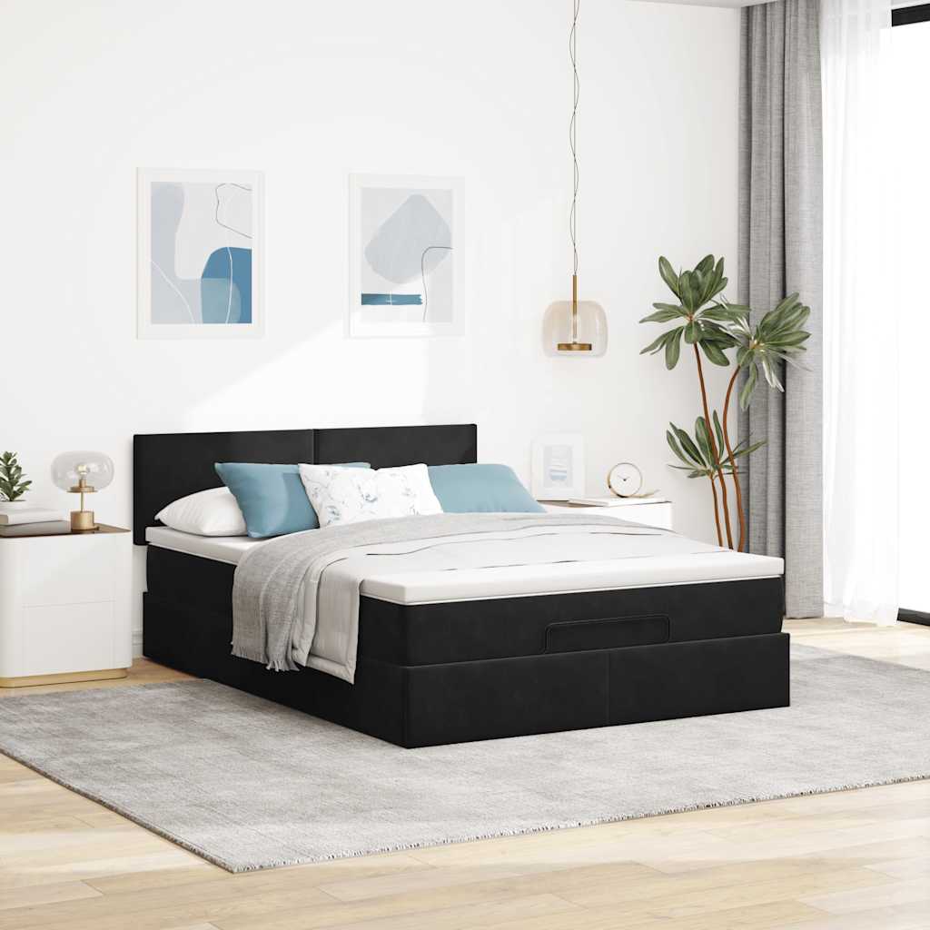 Estrutura de cama otomana com colchão 140x190 cm veludo preto