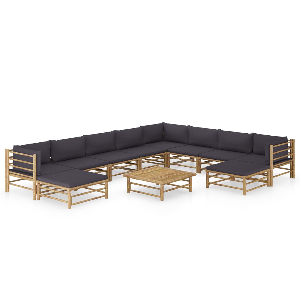 11 Pcs conj. lounge jardim em bambu c/ almofadões cinza-escuro
