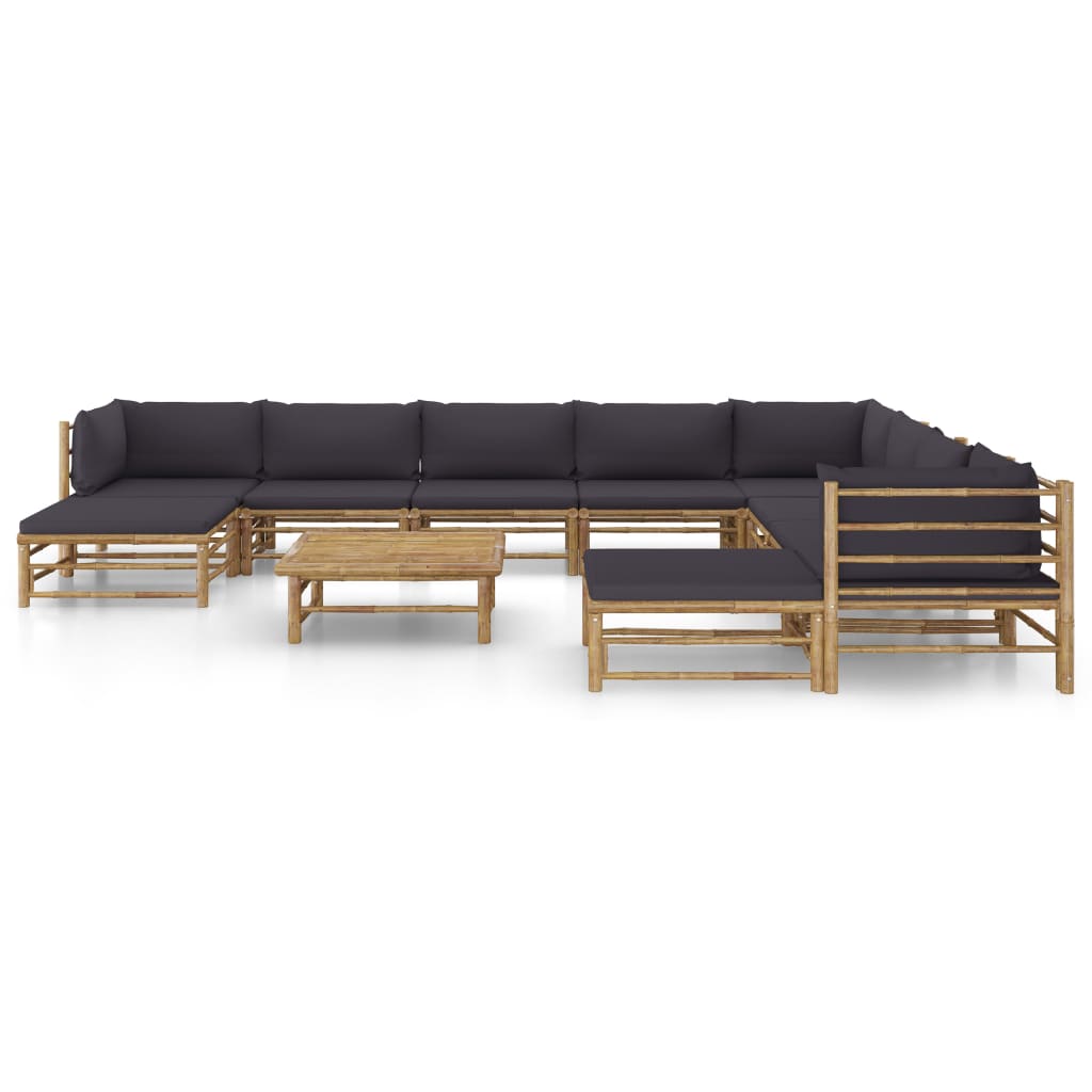 11 Pcs conj. lounge jardim em bambu c/ almofadões cinza-escuro