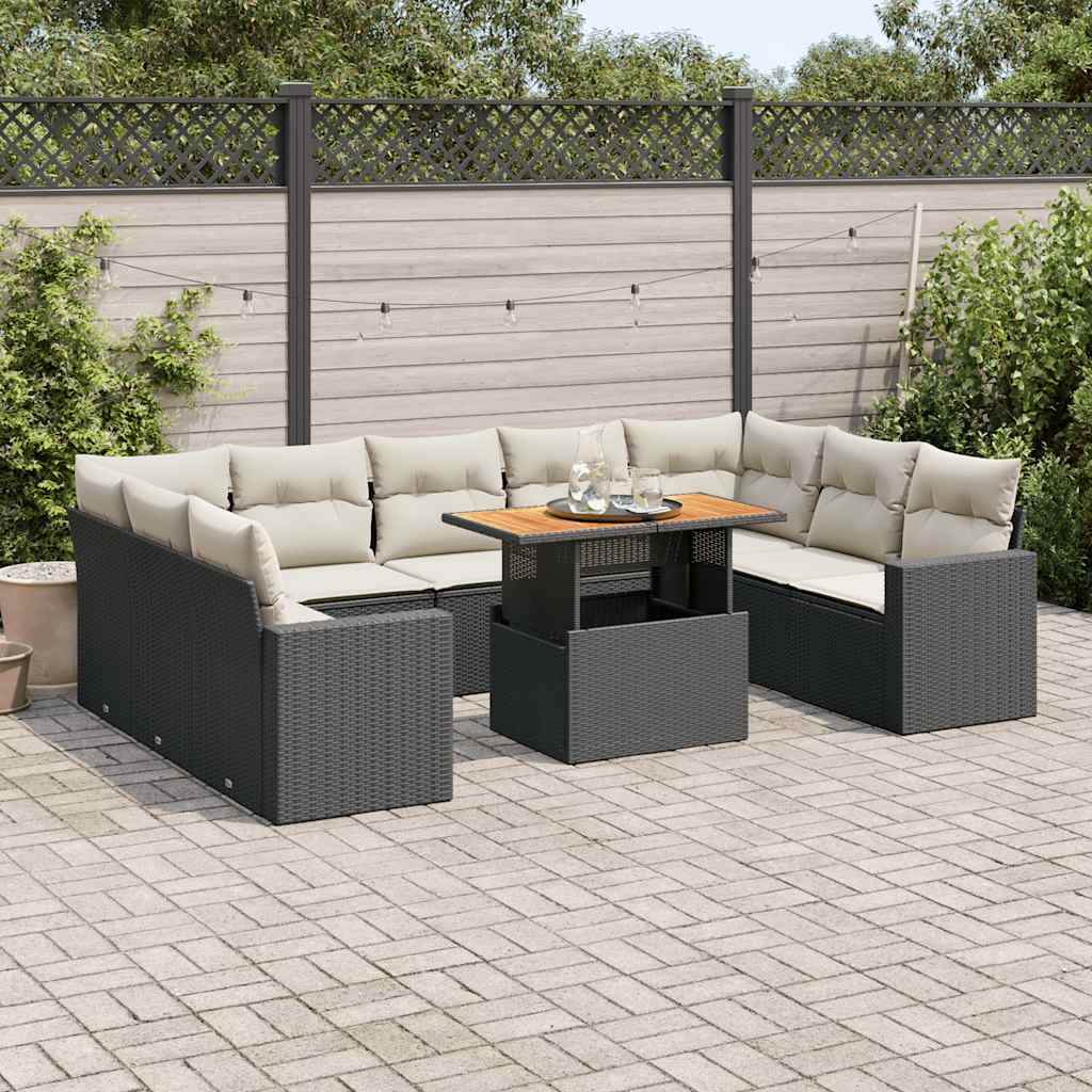 10 Pcs conjunto sofás de jardim c/ almofadões vime PE preto