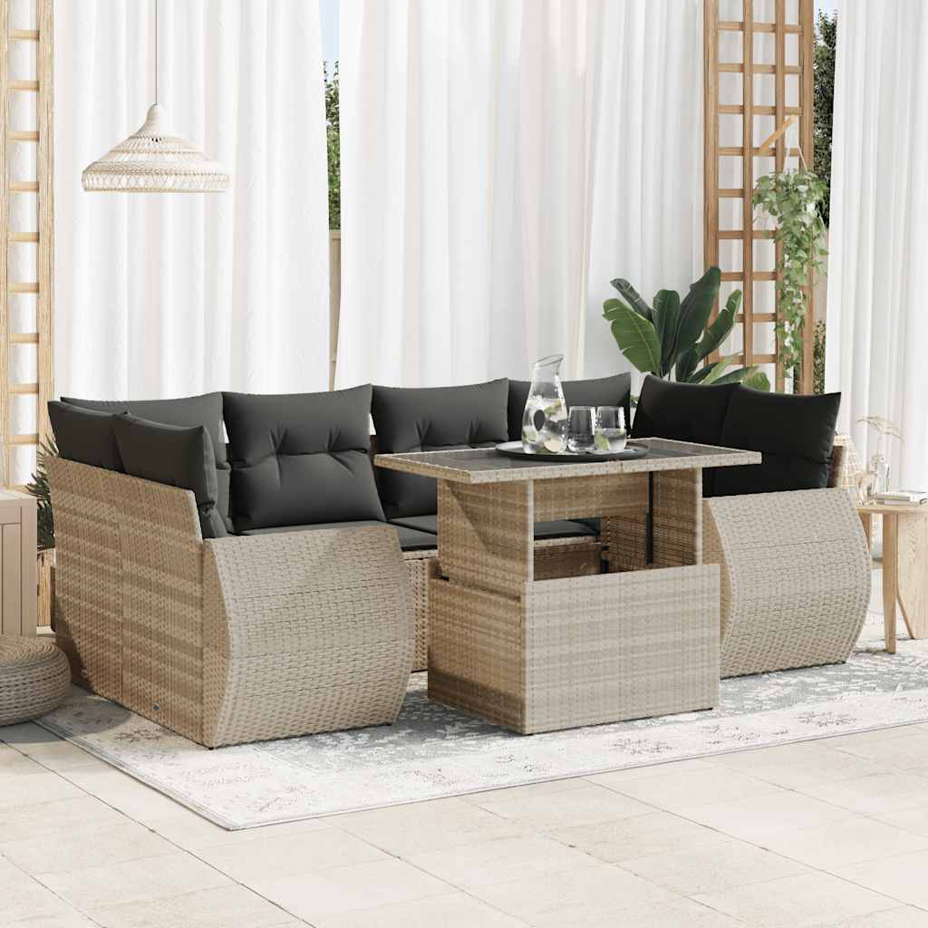 7 Pcs conj. sofás jardim com almofadões vime PE cinzento-claro