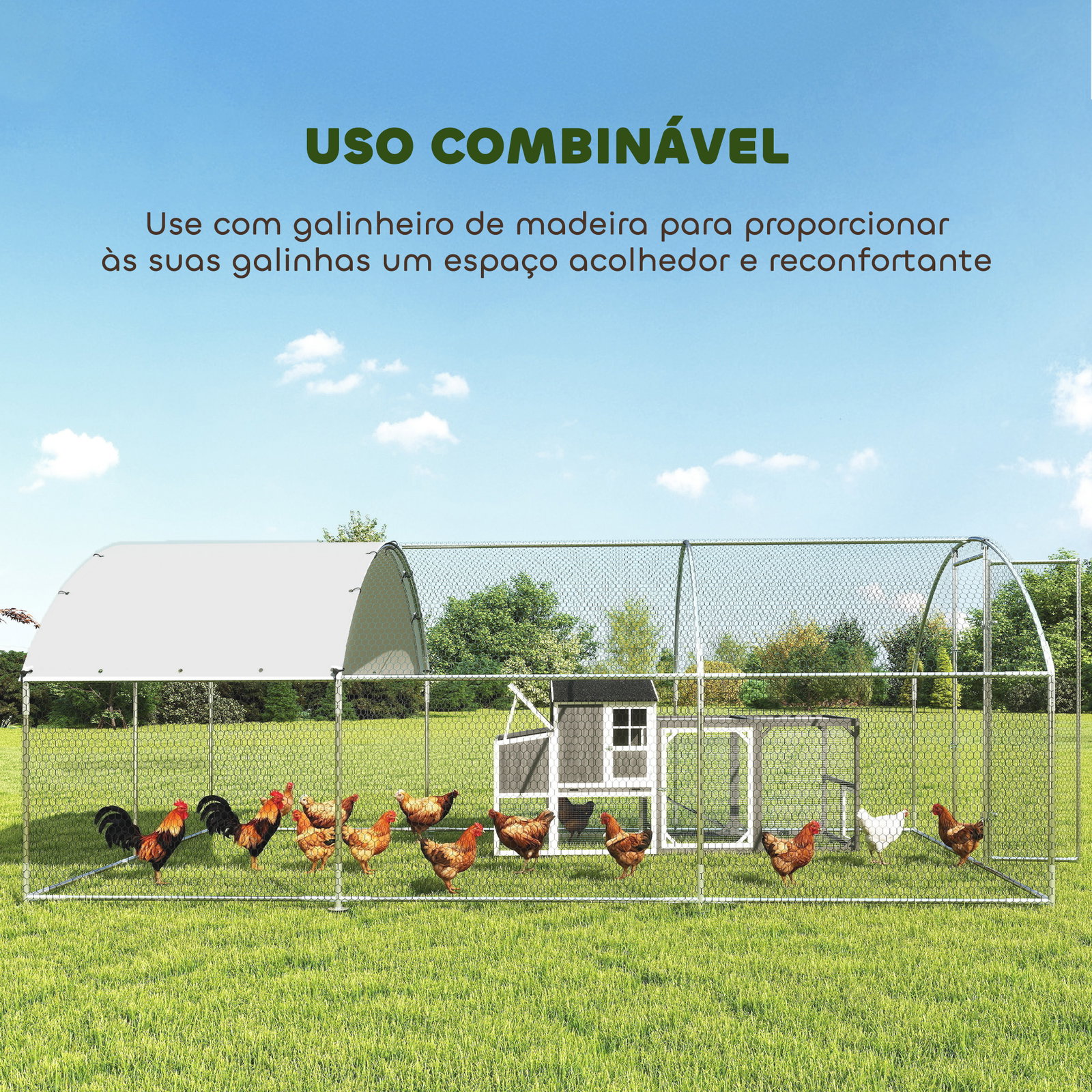 Galinheiro de exterior 2,8x5,1x1,9 m cobertura de tecido oxford anti-UV impermeável fechos para 15-24 galinhas prateado