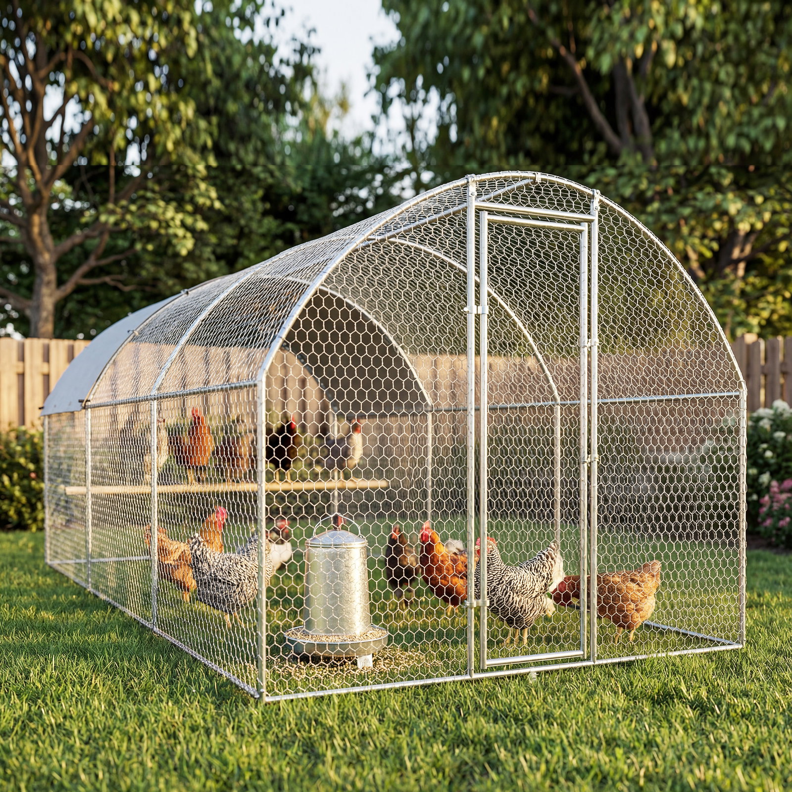 Galinheiro de exterior 2,8x5,1x1,9 m cobertura de tecido oxford anti-UV impermeável fechos para 15-24 galinhas prateado