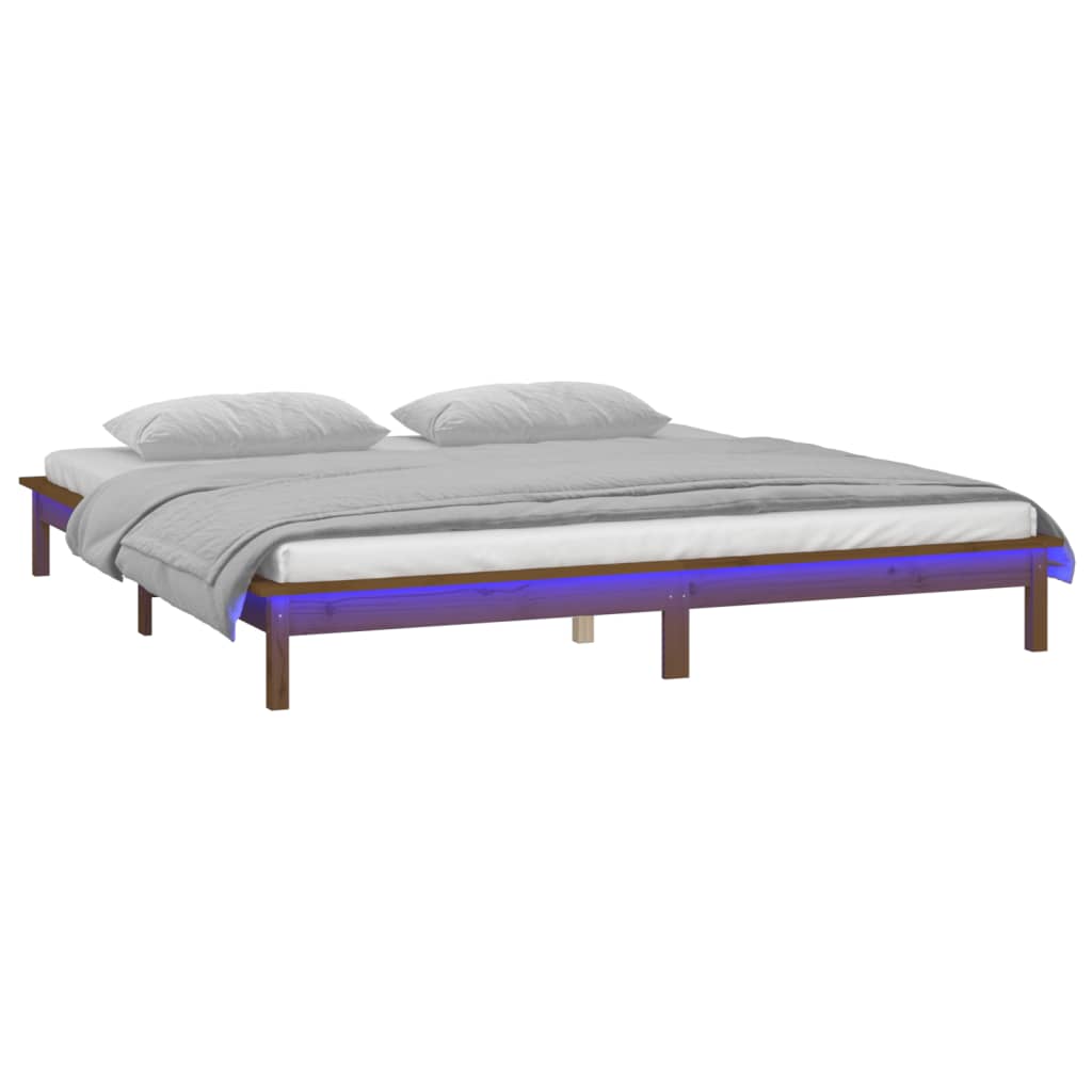 Estrutura de cama c/ leds 200x200cm madeira maciça castanho mel