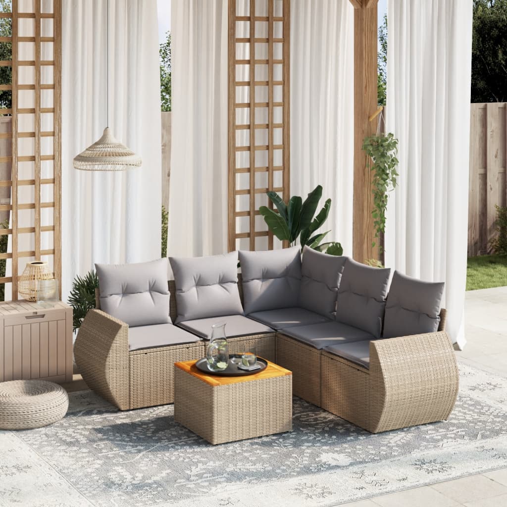 6 Pcs conjunto de sofás p/ jardim com almofadões vime PE bege