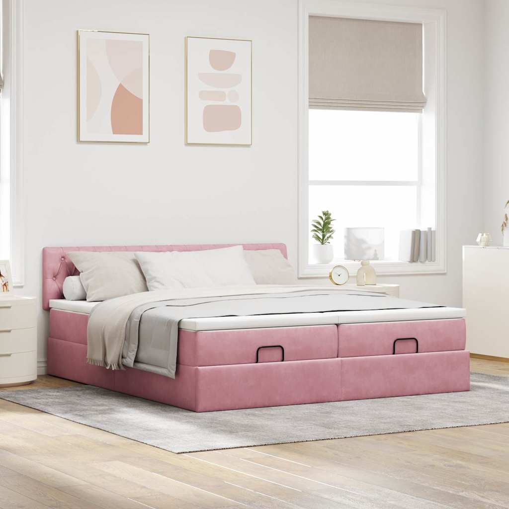 Moldura de cama otomana com colchão rosa 200x200cm veludo