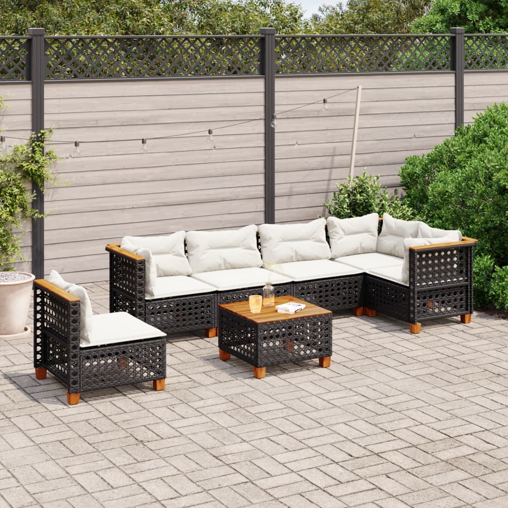 7 Pcs conjunto de sofás p/ jardim c/ almofadões vime PE preto